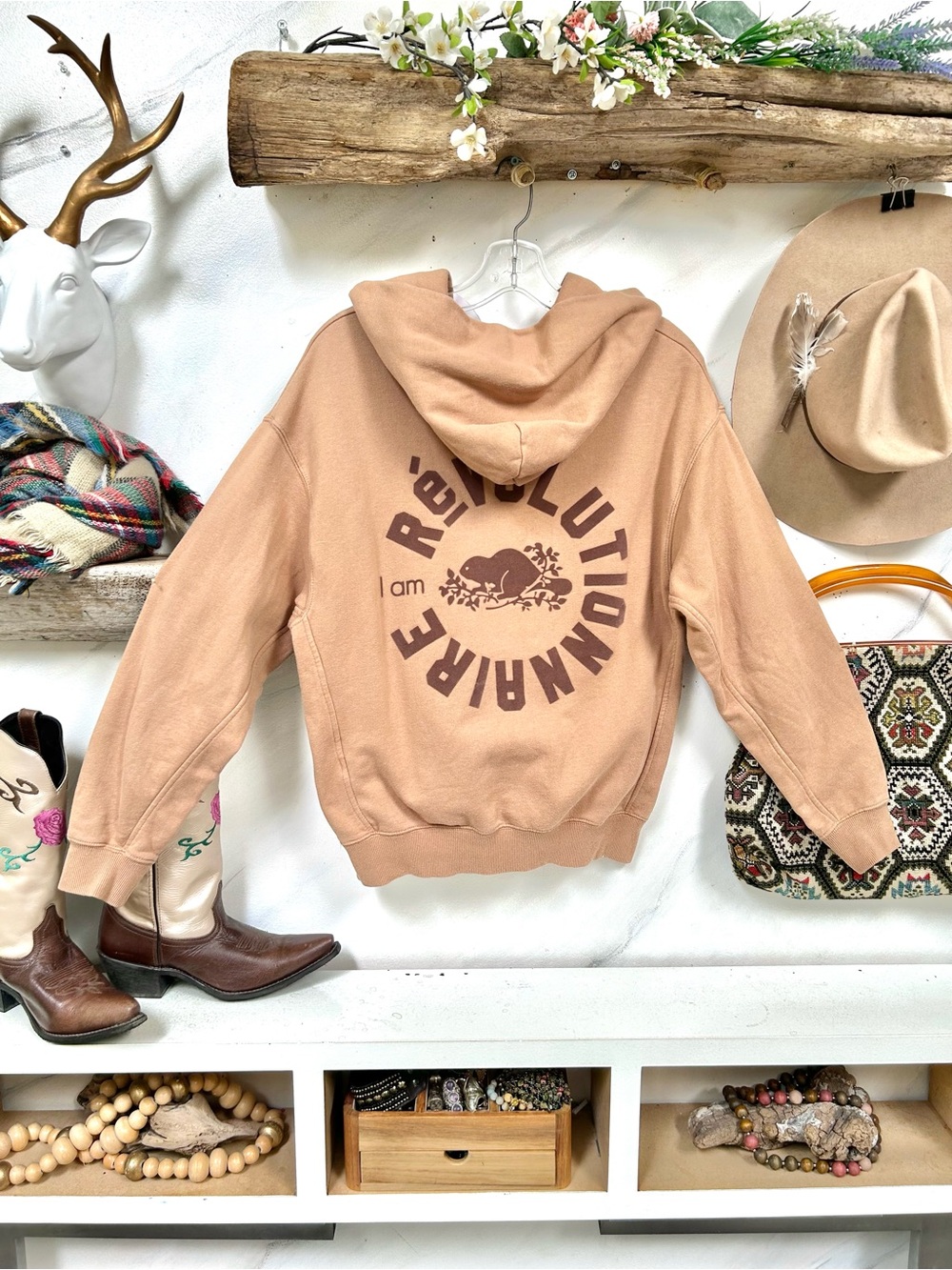 RARE Roots Hooded Sweatshirt in Warm Tan with Brown Graphic cabin vibe